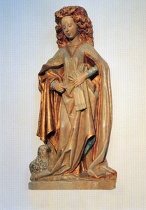 602101 Afbeelding van een replica van een beelddhouwwerk voorstellend Sint Agnes, in de Domkerk (Domplein) te Utrecht.